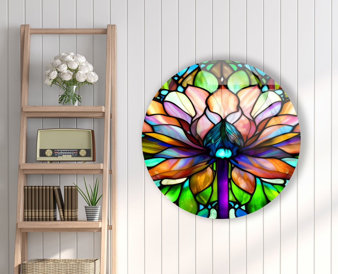 Stained Round Lotus Glass Wall Art photo print on glass, prints on glass wall art
