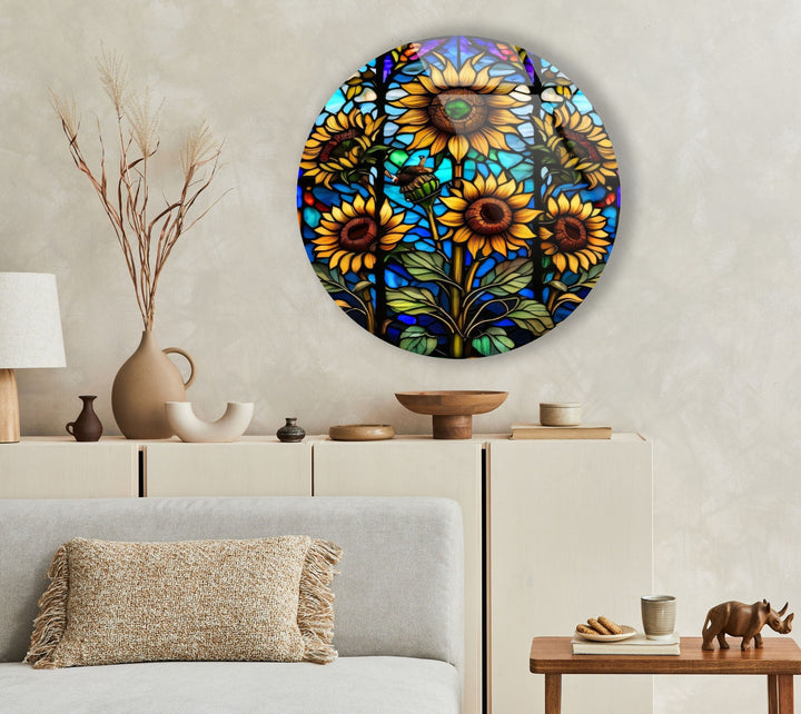 Sun Flowers Stained Round Glass Wall Art Glass Printing Wall Art, Print photos on glass
