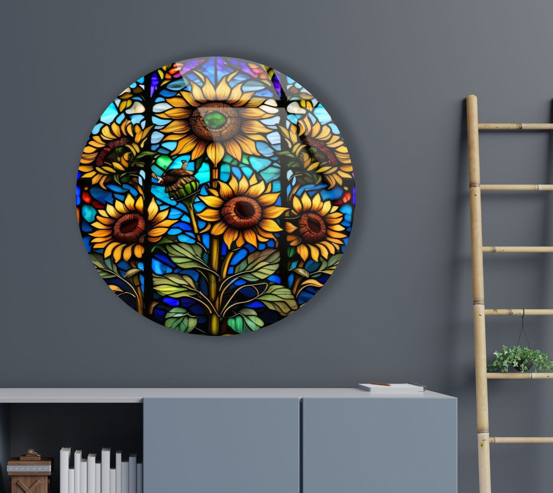 Sun Flowers Stained Round Glass Wall Art custom glass pictures, glass art prints
