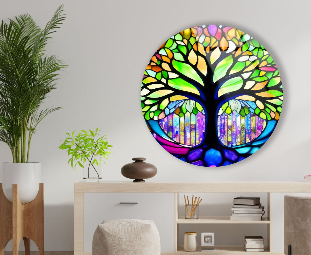 Stained Green Life of Tree Round Glass Wall Art photo print on glass, prints on glass wall art
