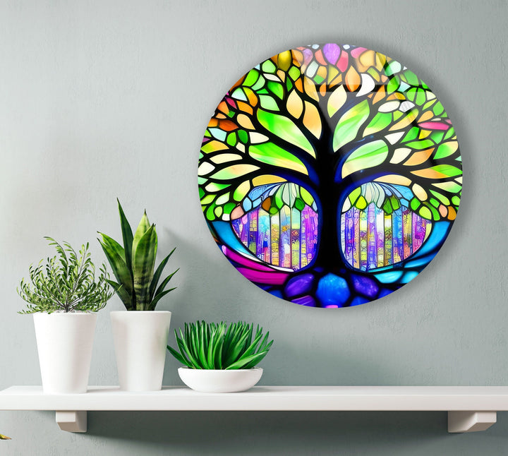 Stained Green Life of Tree Round Glass Wall Art custom glass photo prints, large glass prints
