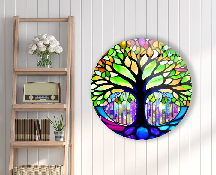 Stained Green Life of Tree Round Glass Wall Art print on glass, glass printed photos
