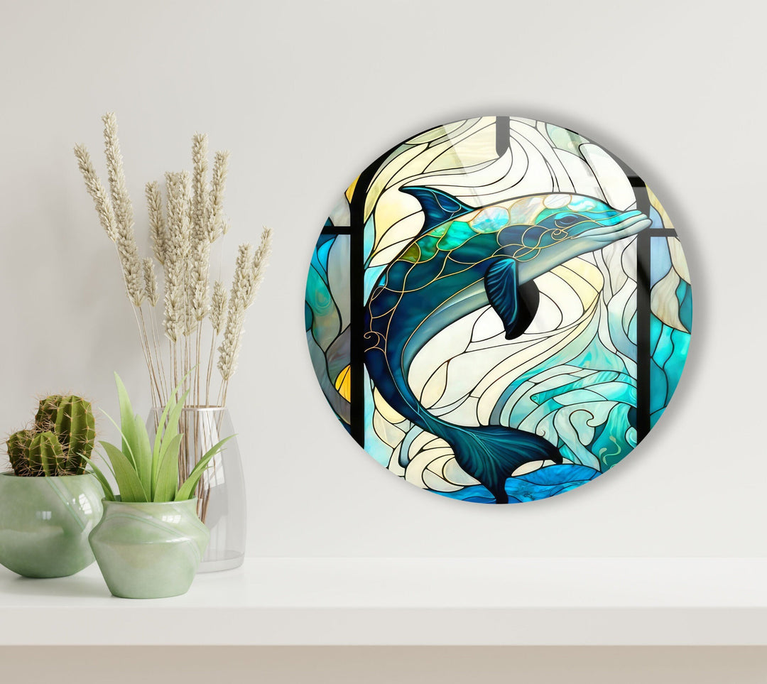 Stained Dolphin Round Glass Wall Art picture on glass wall art, photos printed on glass