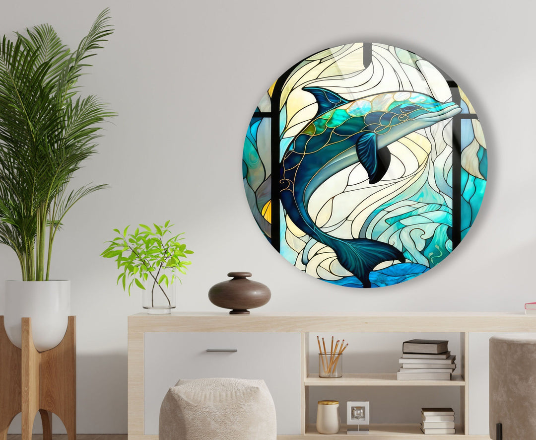 Stained Dolphin Round Glass Wall Art custom glass pictures, glass art prints