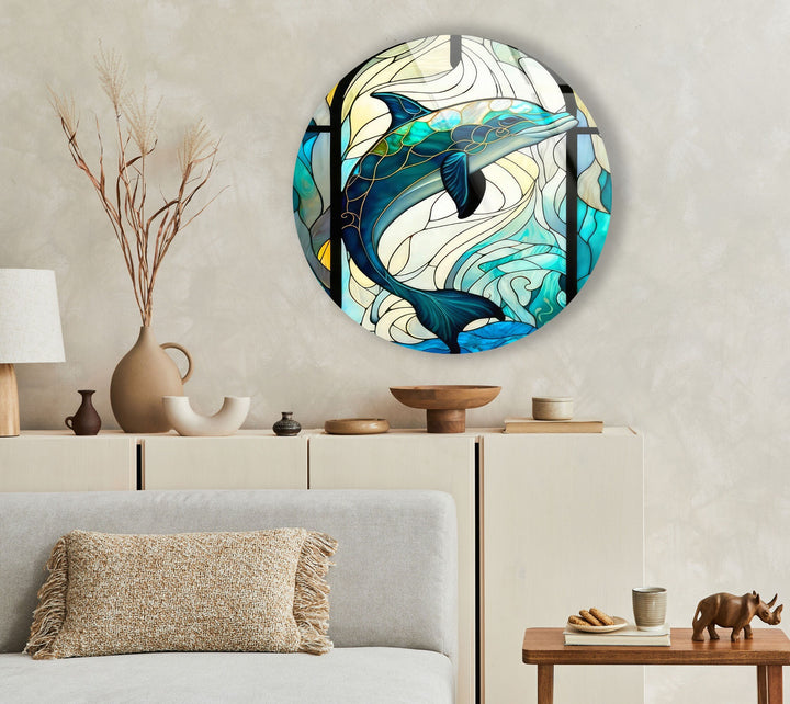 Stained Dolphin Round Glass Wall Art glass image printing, glass prints from photos