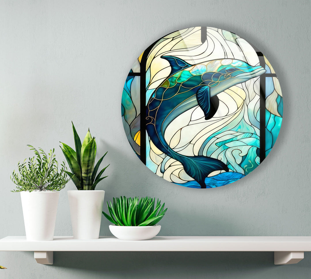 Stained Dolphin Round Glass Wall Art glass photo prints, glass picture prints