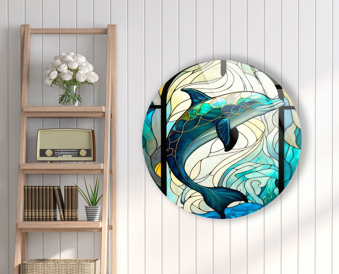 Stained Dolphin Round Glass Wall Art Glass Printing Wall Art, Print photos on glass