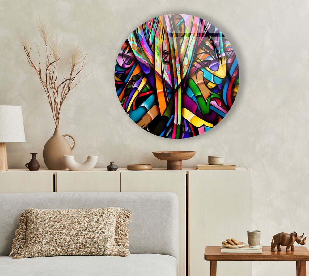 Stained Geometric Lines Round Glass Wall Art stained glass wall art, stained glass wall decor
