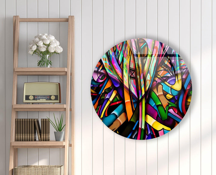 Stained Geometric Lines Round Glass Wall Art Glass Printing Wall Art, Print photos on glass
