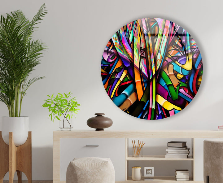 Stained Geometric Lines Round Glass Wall Art glass pictures for Wall, glass prints wall art
