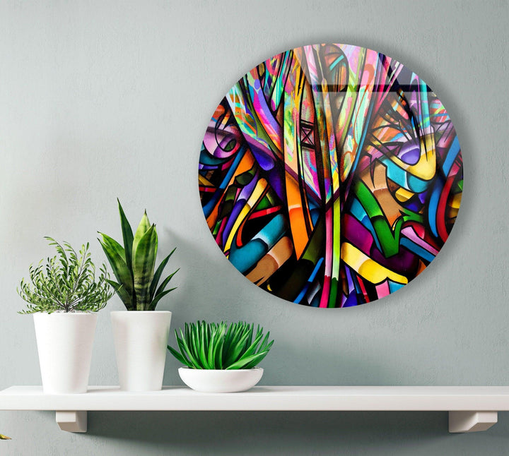 Stained Geometric Lines Round Glass Wall Art custom glass pictures, glass art prints
