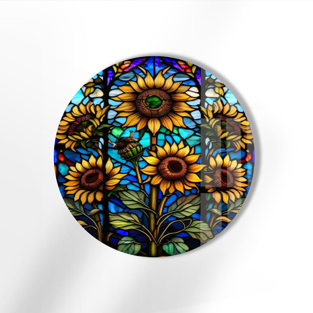 Sun Flowers Stained Round Glass Wall Art stained glass wall art, stained glass wall decor
