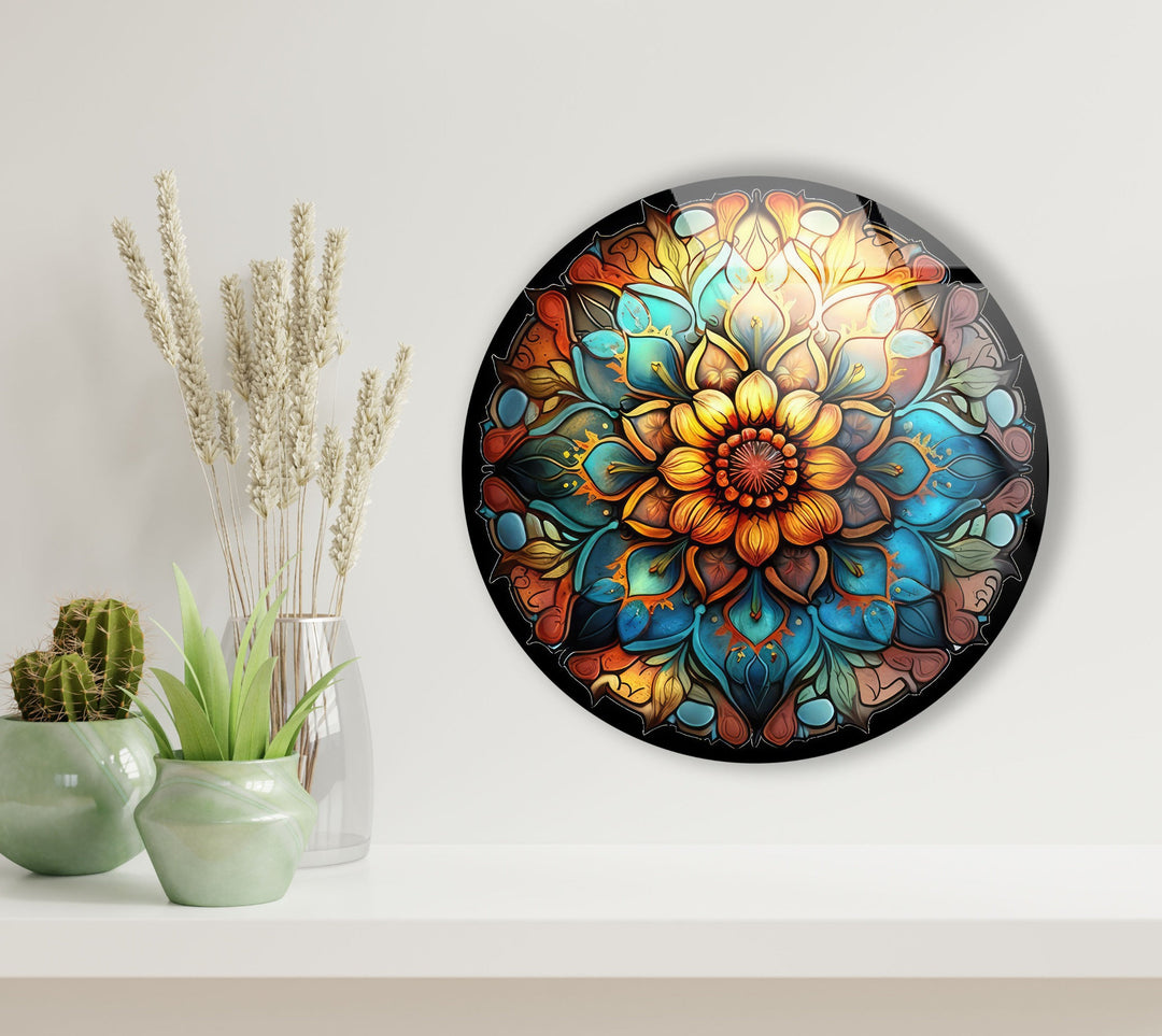 Mandala Round Flower Glass Wall Art glass wall decor, glass wall art decor
