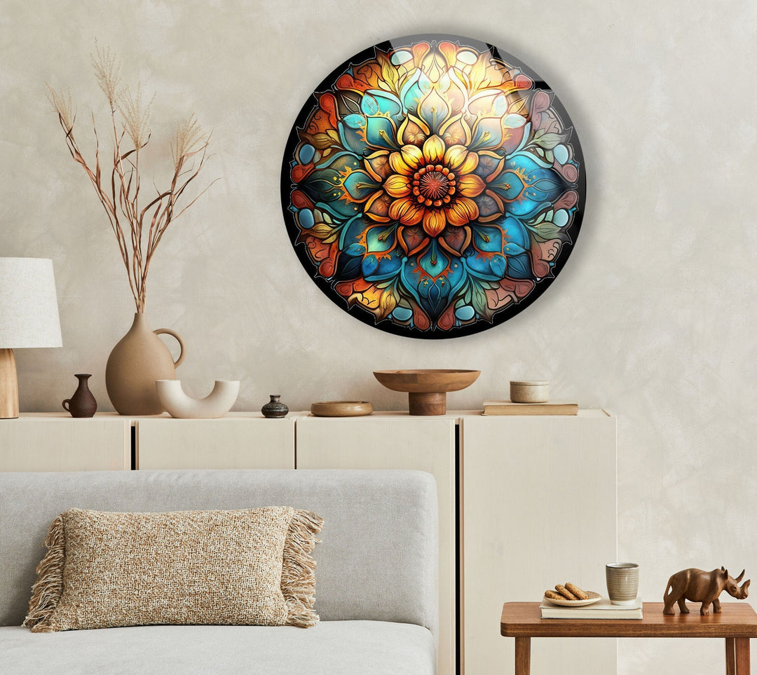 Mandala Round Flower Glass Wall Art glass art painting, glass art for the Wall
