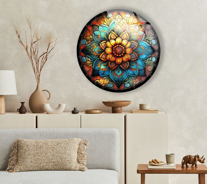 Mandala Round Flower Glass Wall Art glass art painting, glass art for the Wall
