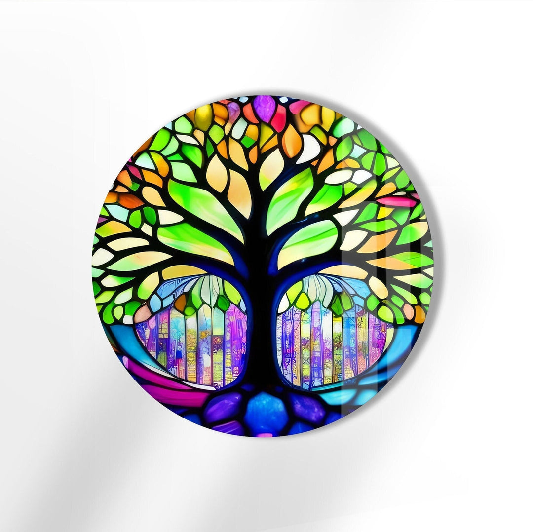 Stained Green Life of Tree Round Glass Wall Art glass pictures for Wall, glass prints wall art
