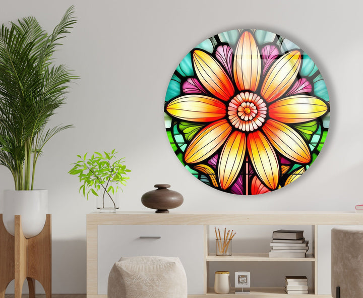 Orange Stained Flower Round Glass Wall Art art glass wall art, glass wall art pictures
