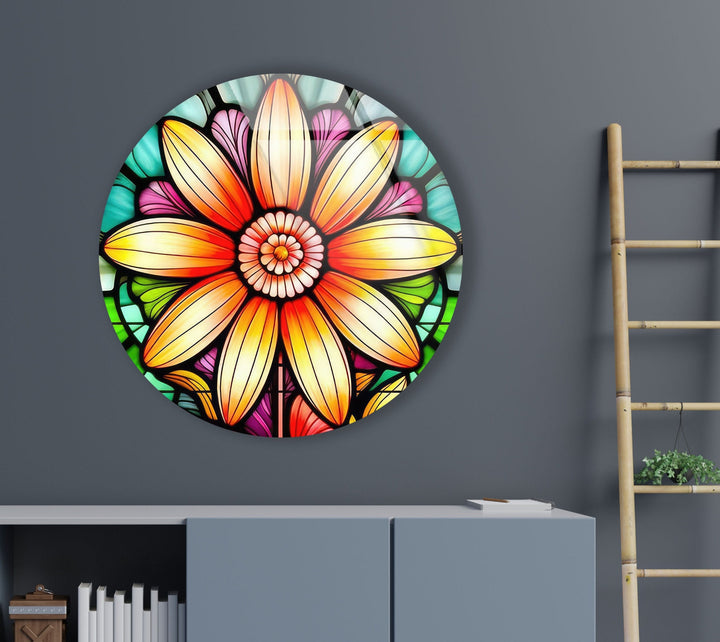 Orange Stained Flower Round Glass Wall Art glass image printing, glass prints from photos
