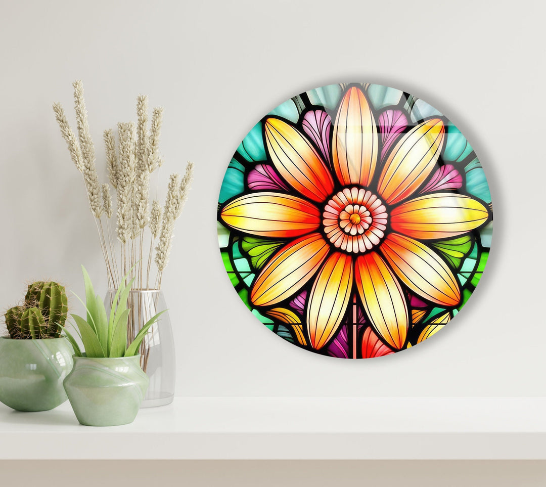 Orange Stained Flower Round Glass Wall Art glass pictures for Wall, glass prints wall art