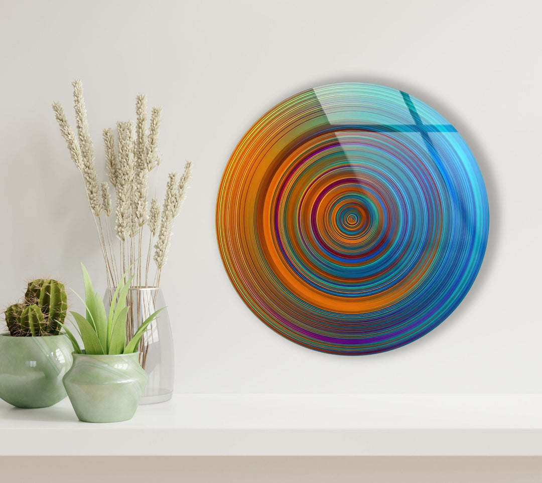 Orange Spiral Abstract Round Glass Wall Art glass pictures for Wall, glass prints wall art