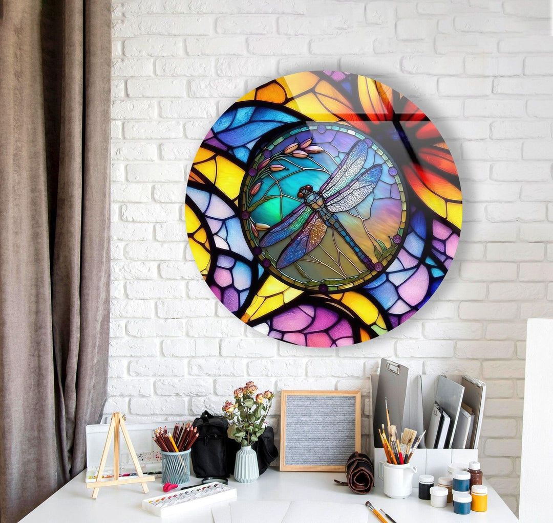 Stained Dragonfly Round Glass Wall Art photo print on glass, prints on glass wall art
