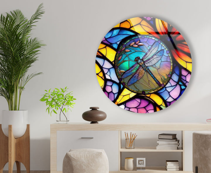 Stained Dragonfly Round Glass Wall Art custom glass photo prints, large glass prints
