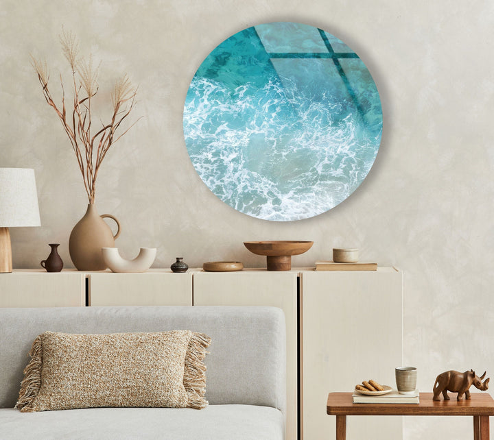 Sea Waves Round Glass Wall Art glass pictures for Wall, glass prints wall art
