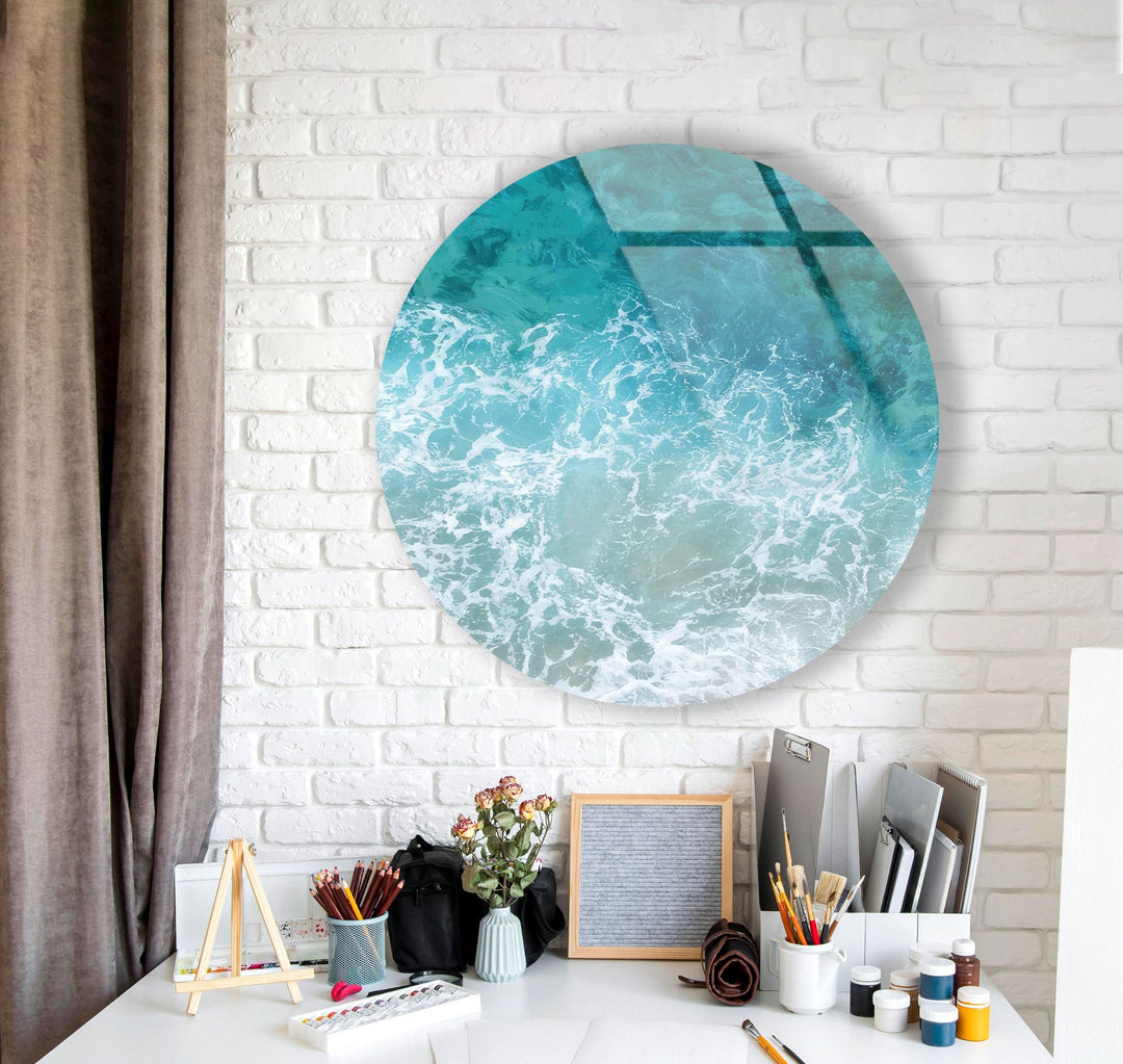 Sea Waves Round Glass Wall Art photo print on glass, prints on glass wall art
