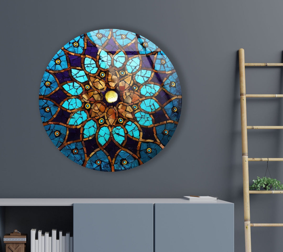 Blue Mosaic Design Round Glass Wall Art Glass Printing Wall Art, Print photos on glass
