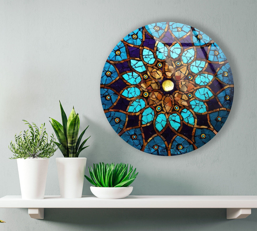 Blue Mosaic Design Round Glass Wall Art glass pictures for Wall, glass prints wall art
