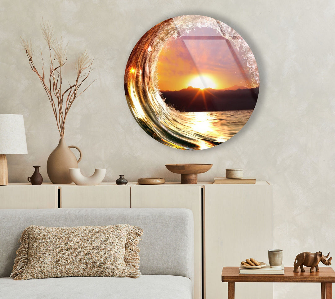 Sunset & Waves Round Glass Wall Art  stained glass wall art, stained glass wall decor
