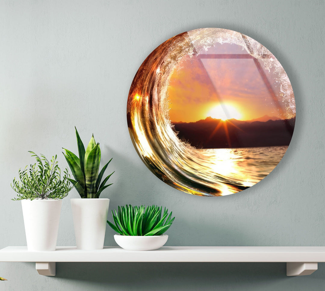 Sunset & Waves Round Glass Wall Art glass art painting, glass art for the Wall
