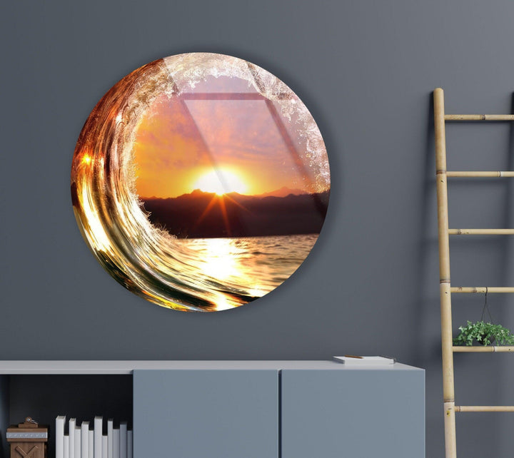 Sunset & Waves Round Glass Wall Art glass image printing, glass prints from photos
