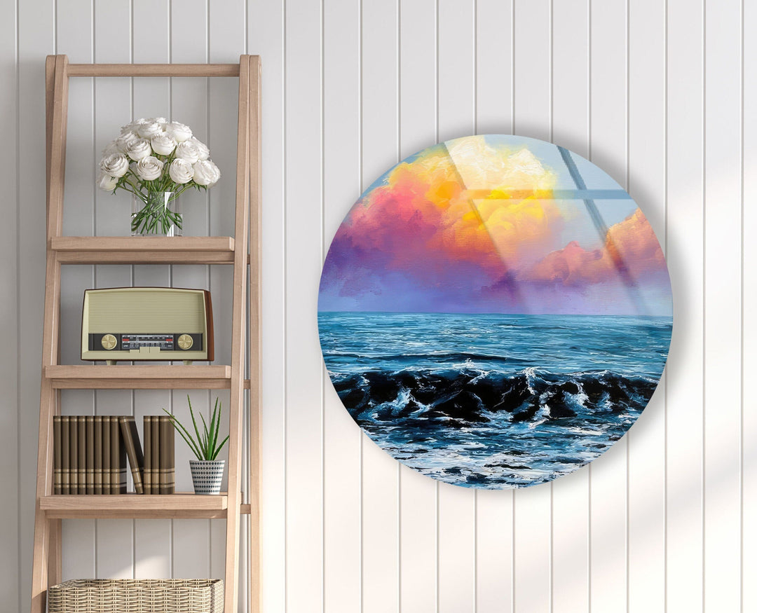 Sunset View & Waves Round Glass Wall Art art glass wall art, glass wall art pictures
