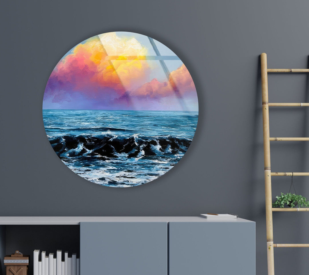 Sunset View & Waves Round Glass Wall Art glass photo prints, glass picture prints
