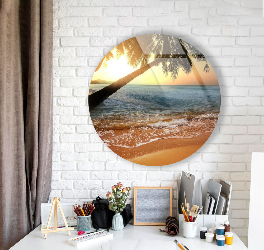 Tropical Sunset Round Glass Wall Art glass wall decor, glass wall art decor
