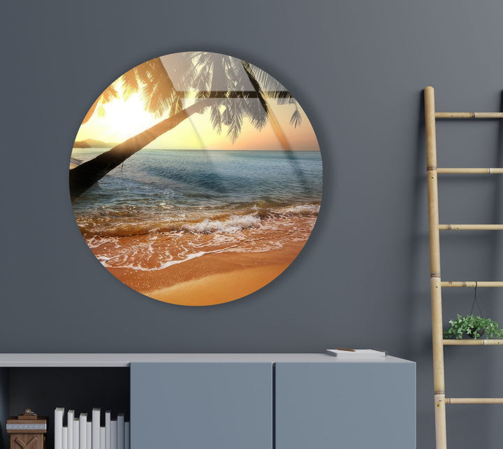 Tropical Sunset Round Glass Wall Art glass photo prints, glass picture prints
