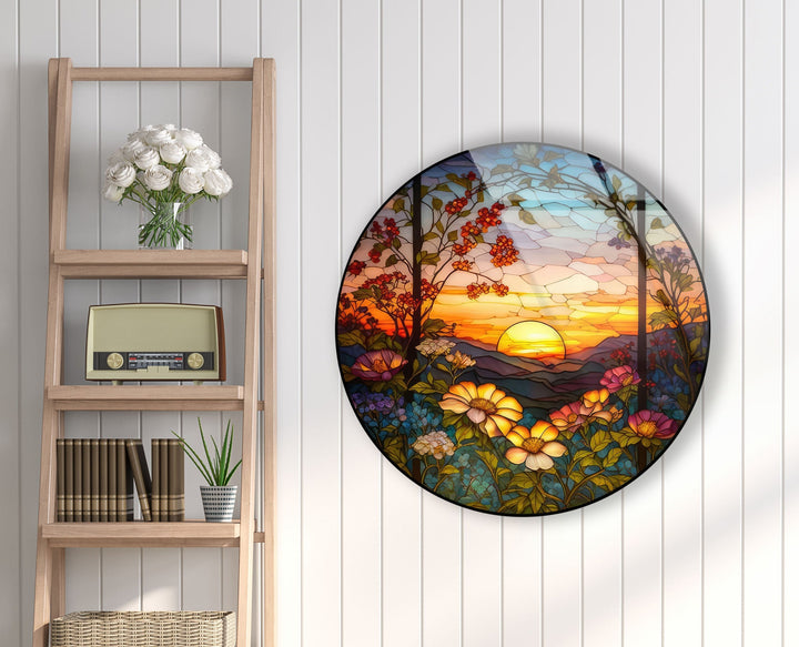 Natural Motifs Stained Round Glass Wall Art Glass Printing Wall Art, Print photos on glass