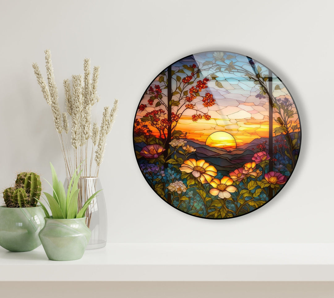 Natural Motifs Stained Round Glass Wall Art  Glass Printing Wall Art, Print photos on glass