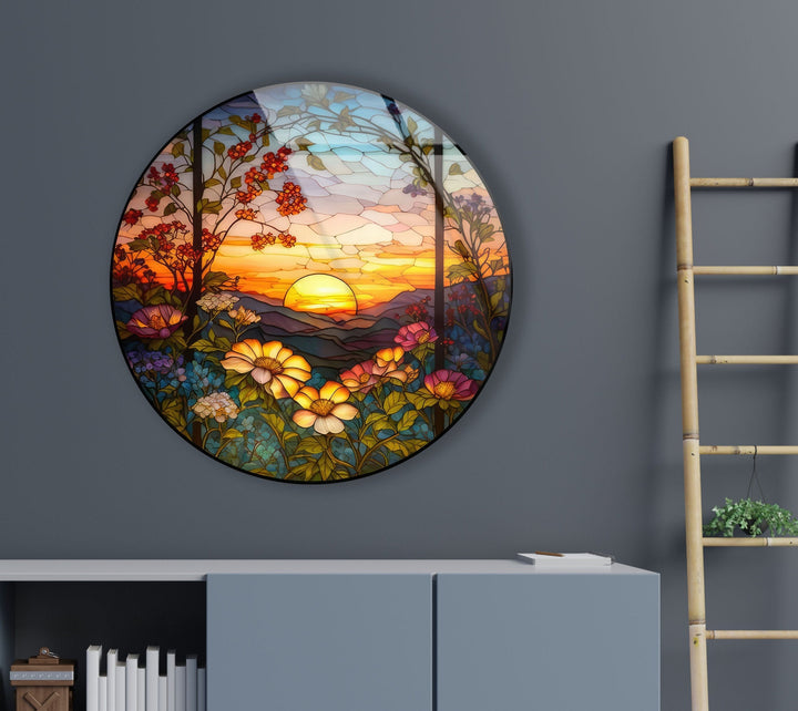 Natural Motifs Stained Round Glass Wall Art  Glass Printing Wall Art, Print photos on glass