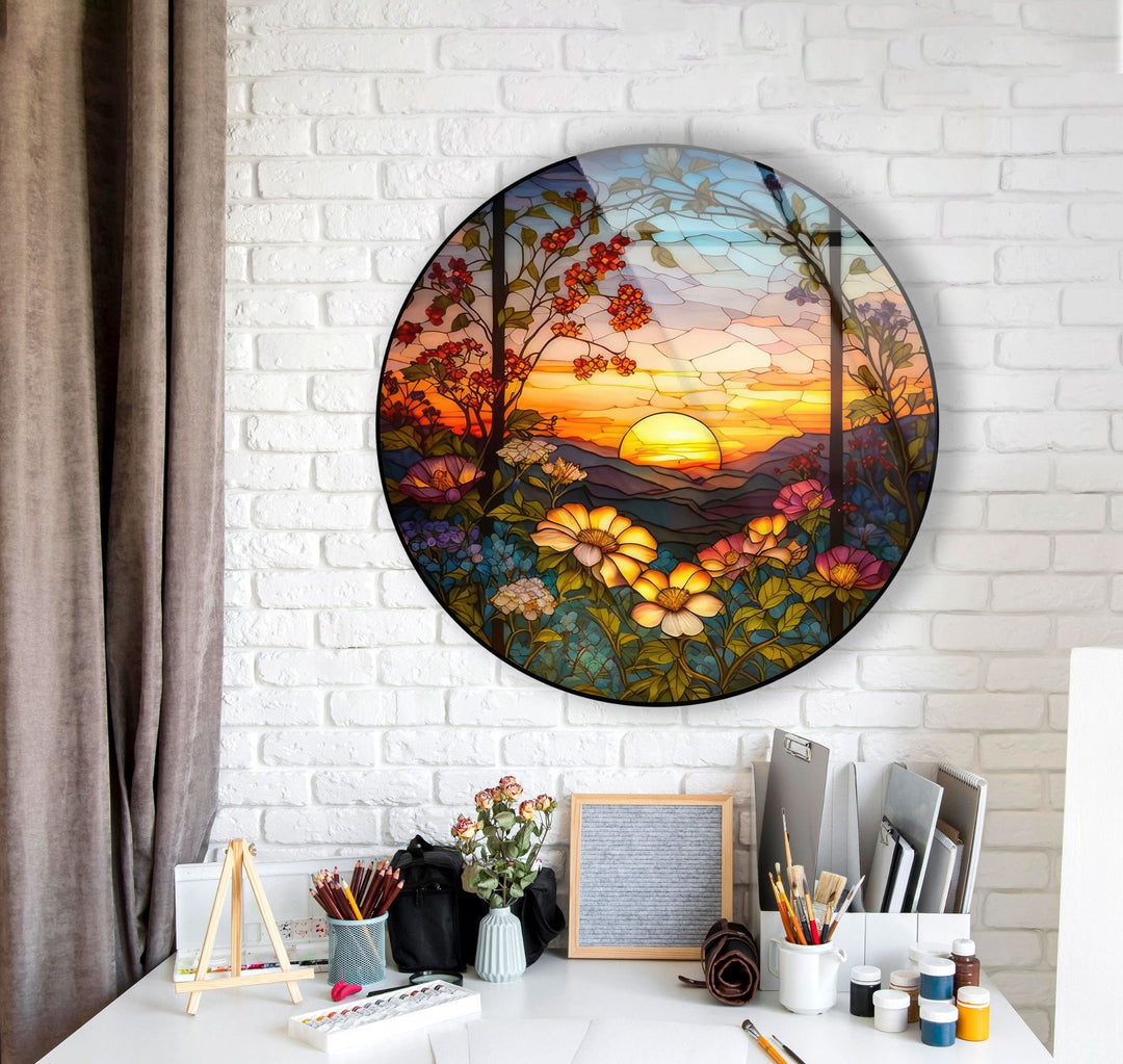 Natural Motifs Stained Round Glass Wall Art