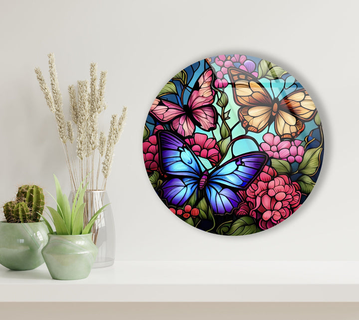 Stained Colored Butterflies Round Glass Wall Art photo print on glass, prints on glass wall art
