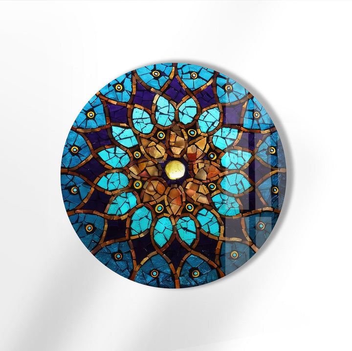 Blue Mosaic Design Round Glass Wall Art glass art painting, glass art for the Wall
