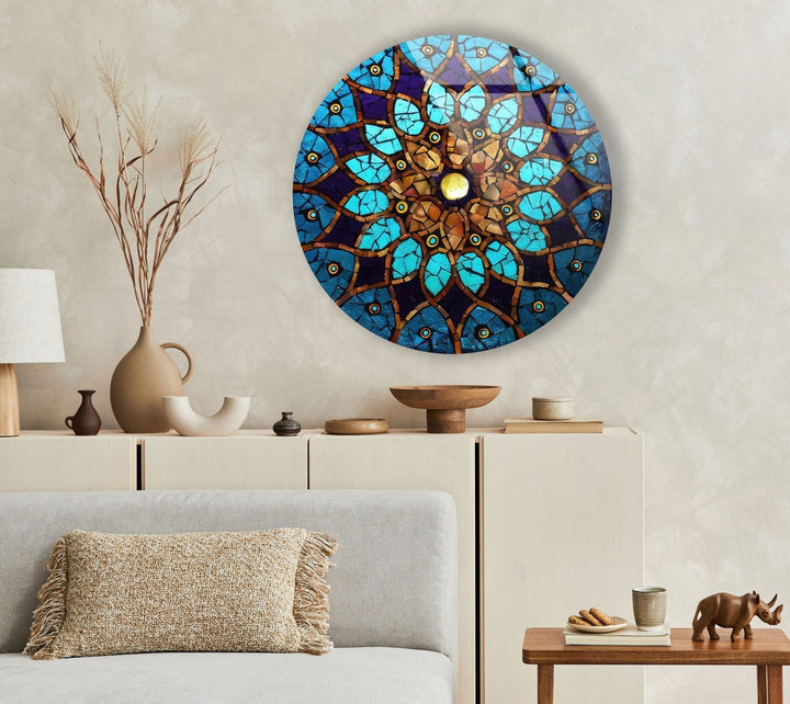 Blue Mosaic Design Round Glass Wall Art glass wall decor, glass wall art decor
