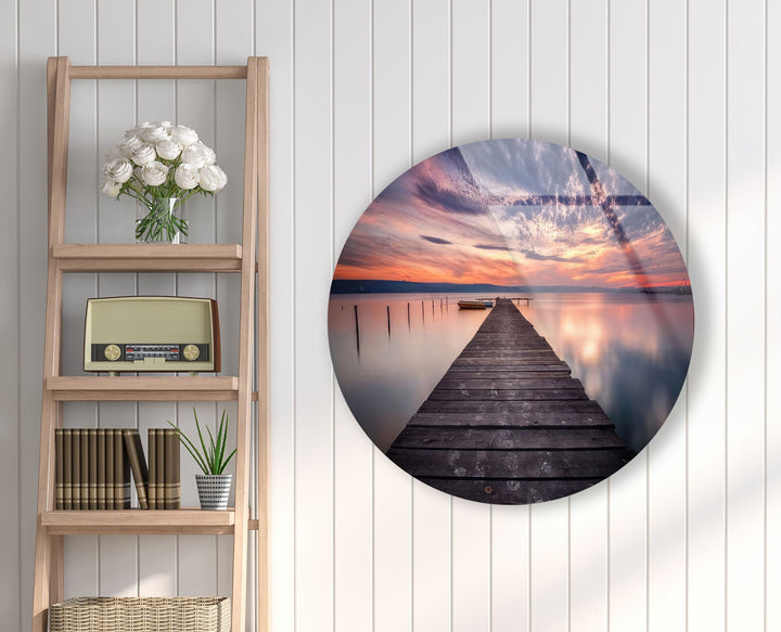 Purple Sunset Lake View Round Glass Wall Art glass photo prints, glass picture prints
