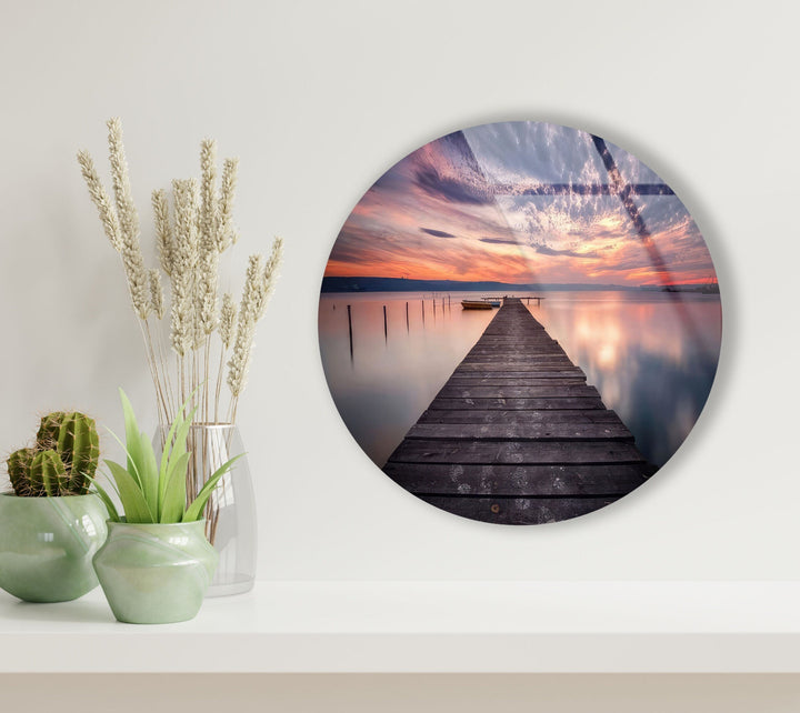 Purple Sunset Lake View Round Glass Wall Art glass image printing, glass prints from photos
