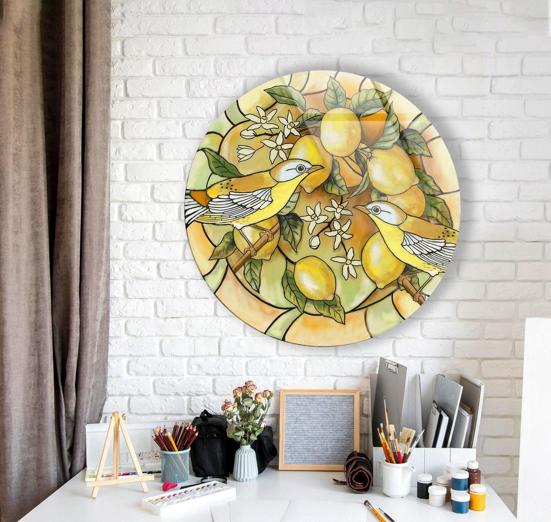 Lemon Tree & Birds Stained Round Glass Wall Art glass photo prints, glass picture prints
