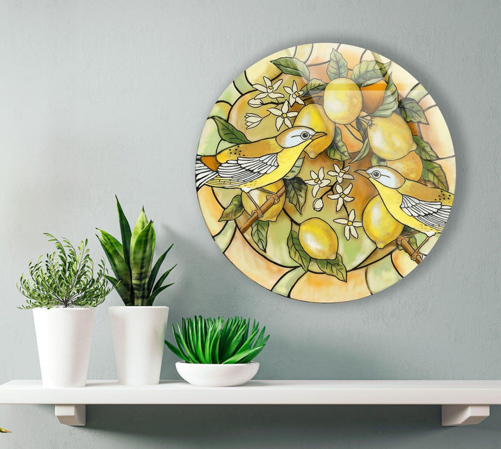 Lemon Tree & Birds Stained Round Glass Wall Art glass image printing, glass prints from photos
