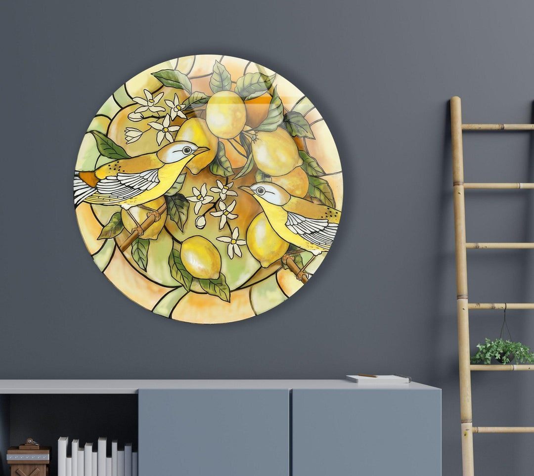 Lemon Tree & Birds Stained Round Glass Wall Art custom glass pictures, glass art prints
