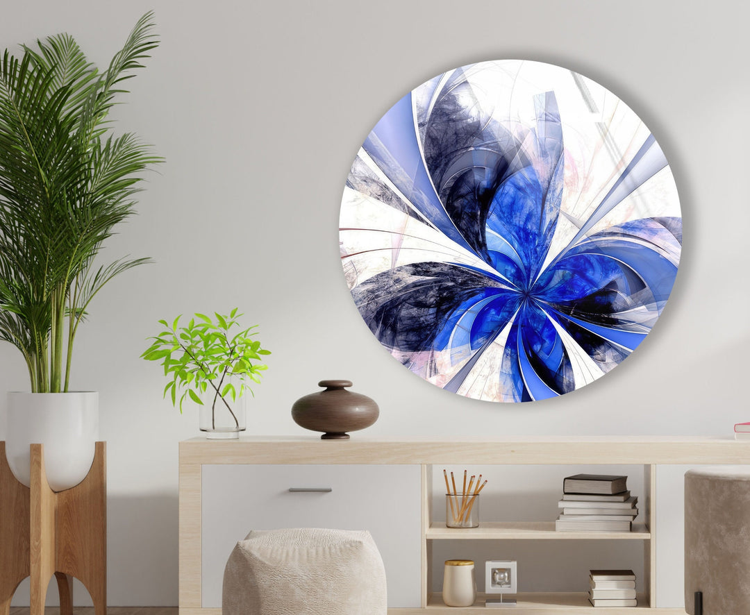 Blue Fractal Flower Round Glass Wall Art stained glass wall art, stained glass wall decor
